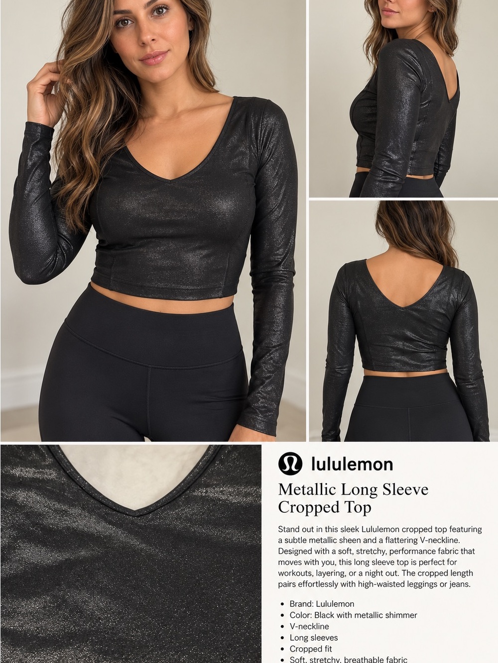 lululemon athletica Black Metallic Long-Sleeve Cropped Top